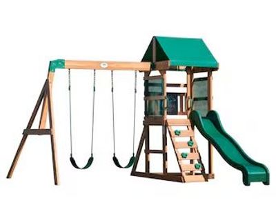 Swing Set - Wooden with Slide, Swings, Rock Wall, and Chalkboard - Perfect for Backyard Fun