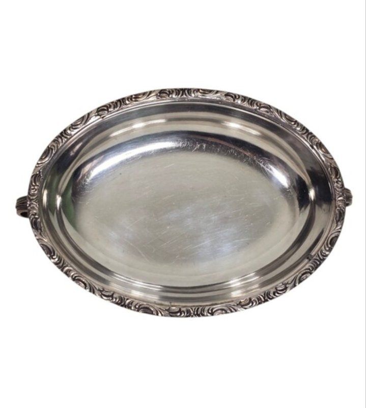 Vintage Silver Plated Oval Serving Tray Relish Dish Scroll Handles 10 Inch