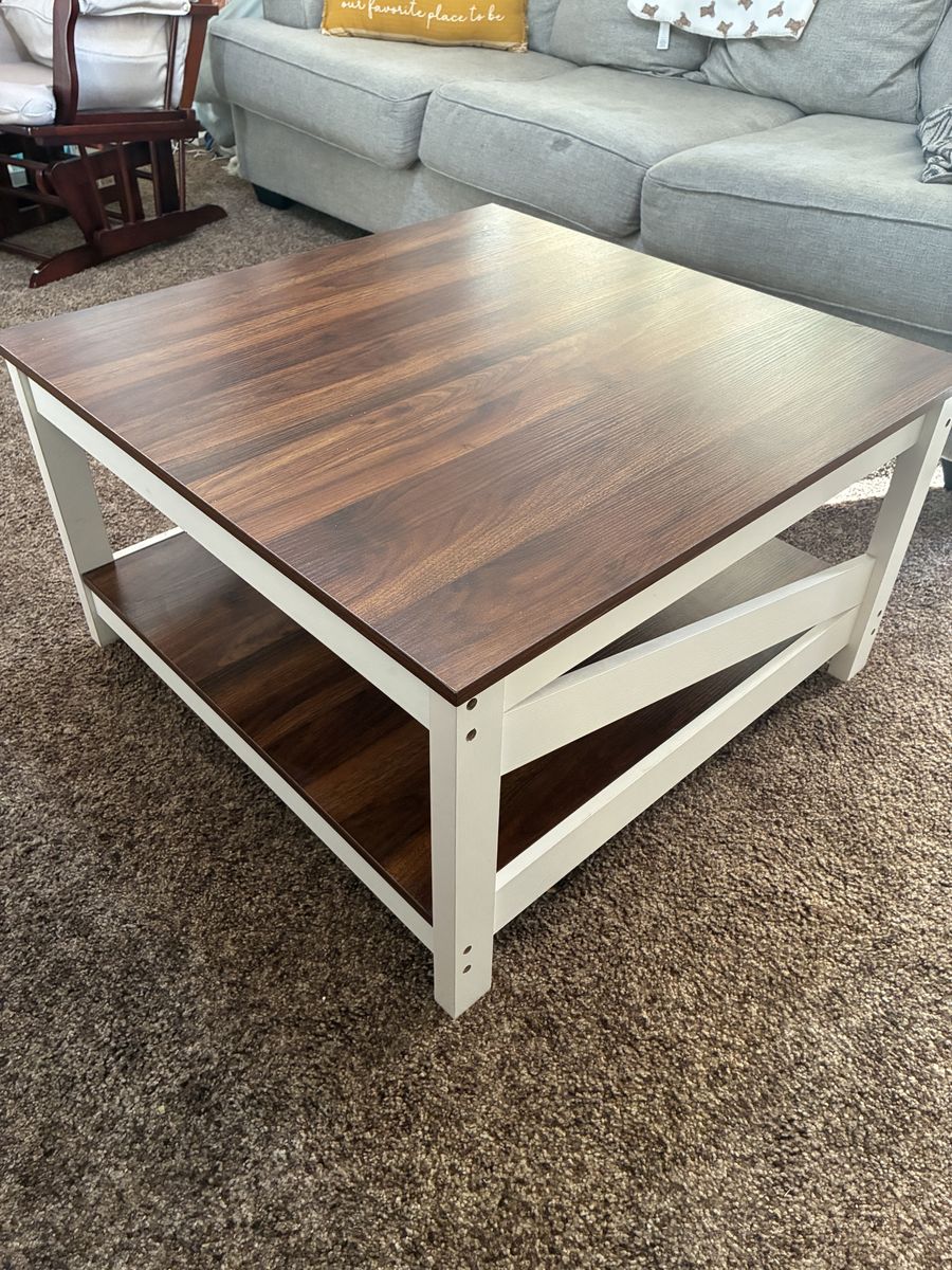 Square Wood Coffee Table with White Base and Storage Shelf