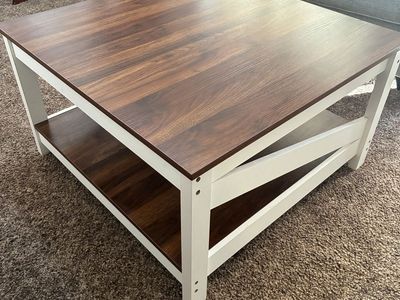 Square Wood Coffee Table with White Base and Storage Shelf
