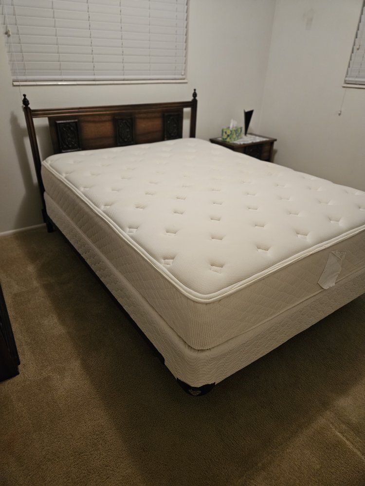 Vintage Wooden Bedroom Furniture Set - Bed Frame, Mattress Set, & Highboy Dresser and nightstand.