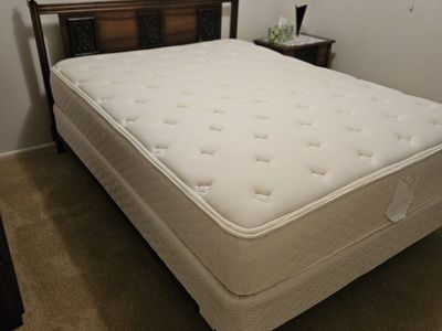 Vintage Wooden Bedroom Furniture Set - Bed Frame, Mattress Set, & Highboy Dresser and nightstand.