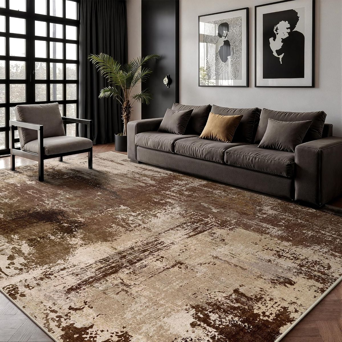 NEW 6x9 Area Rugs - Modern Abstract Washable Rug, Ultra Soft Non Slip Low Pile Large Rug, Brown