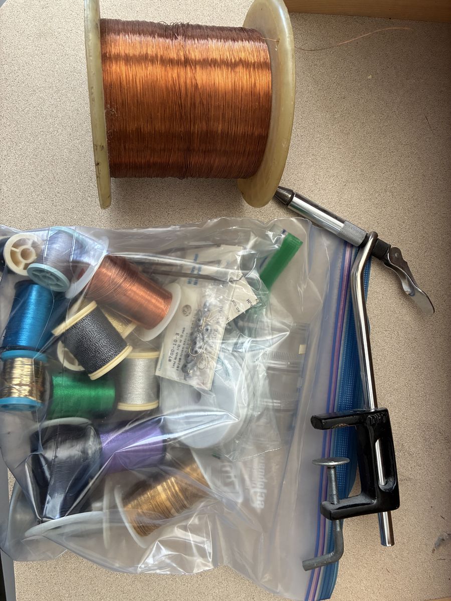 Old Fly Tying Lot - Wire, wooden bobbins, thread, tools, Head Cement etc.