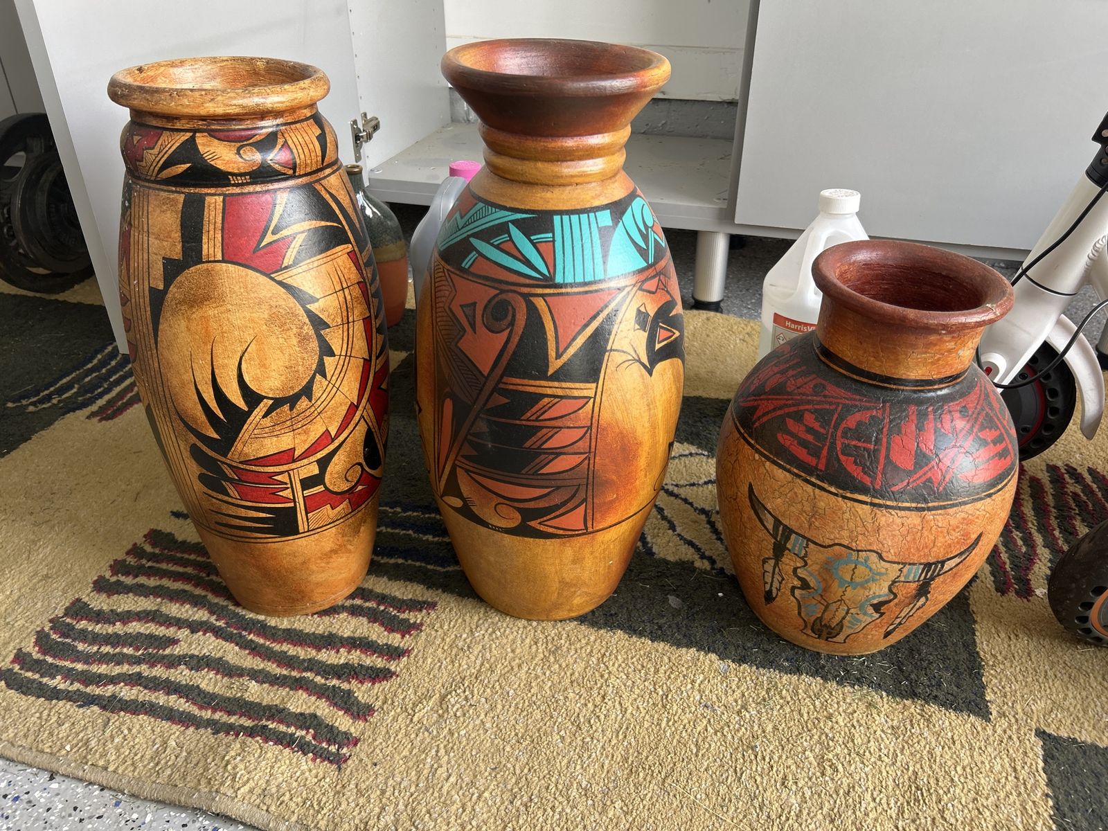 Set of 3 Hand-Painted Southwest/Native American Style Decorative Vases - Various Sizes