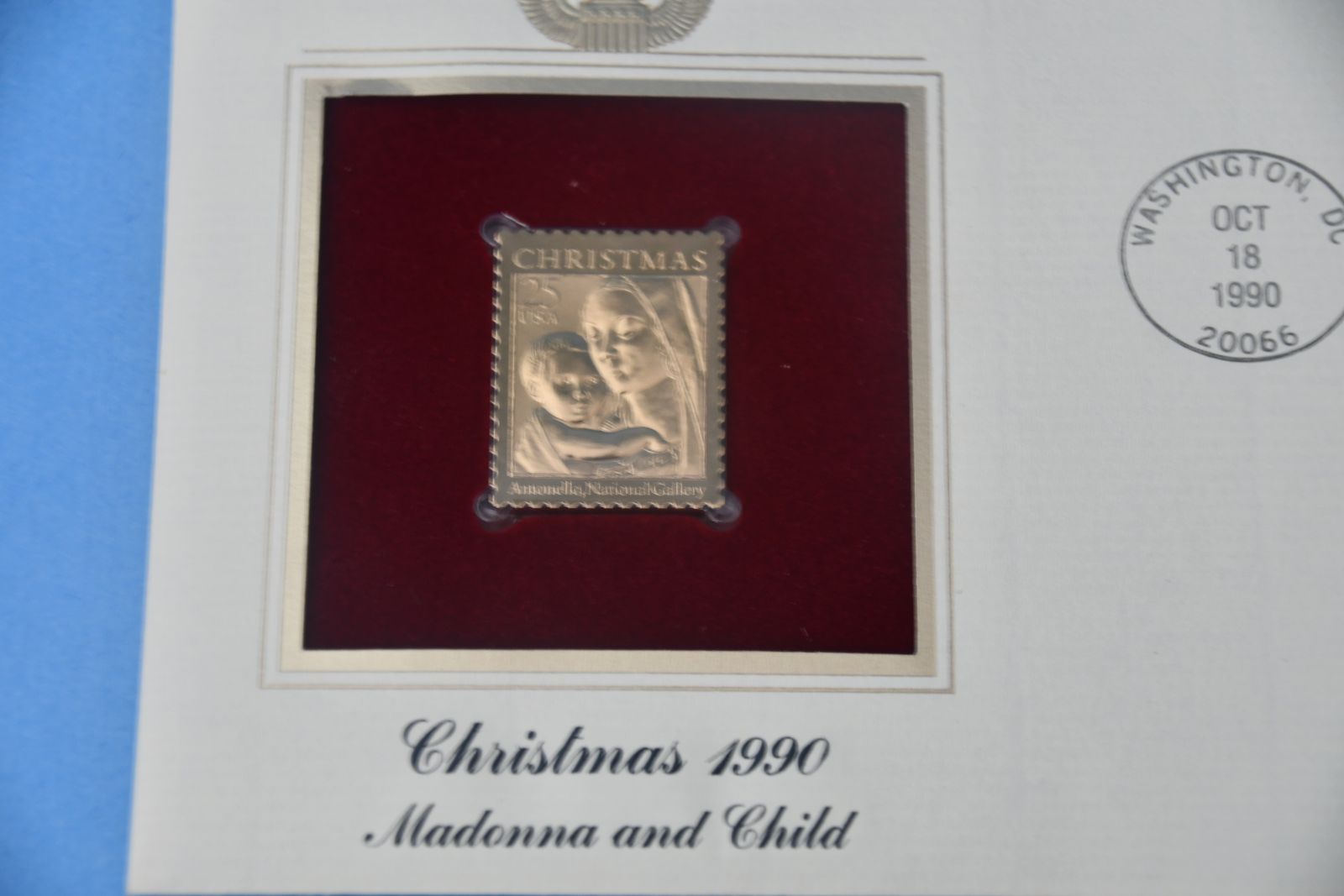 NEW ~ VINTAGE 1990 CHRISTMAS "MADONNA & CHILD" 22 KT GOLD REPLICA STAMP ~ ALL PAPERWORK INCLUDED