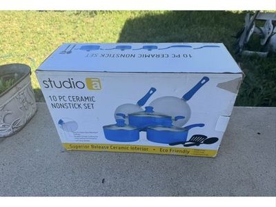 Studio A 10 Piece Ceramic Nonstick Cookware Set Blue Pots Pans