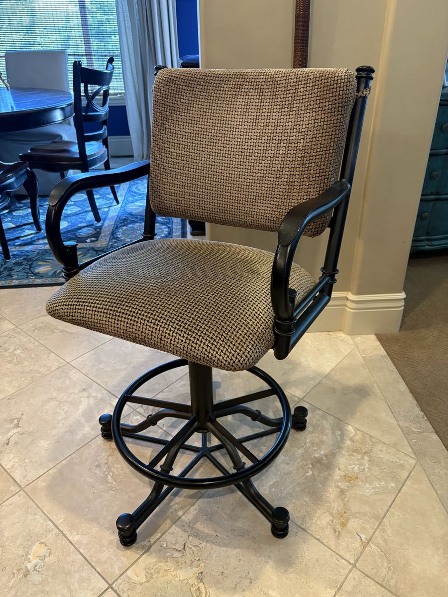 Set of 3 Bar Stools - Swivel Counter Height Chairs - Wrought Iron & Upholstered