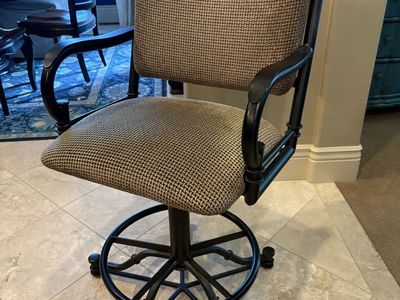 Set of 3 Bar Stools - Swivel Counter Height Chairs - Wrought Iron & Upholstered
