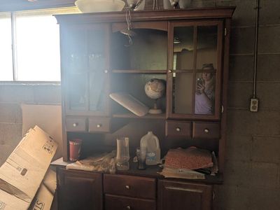 Vintage Dark Wood China Cabinet / Display Hutch with Glass Doors & Drawers - Great for Storage