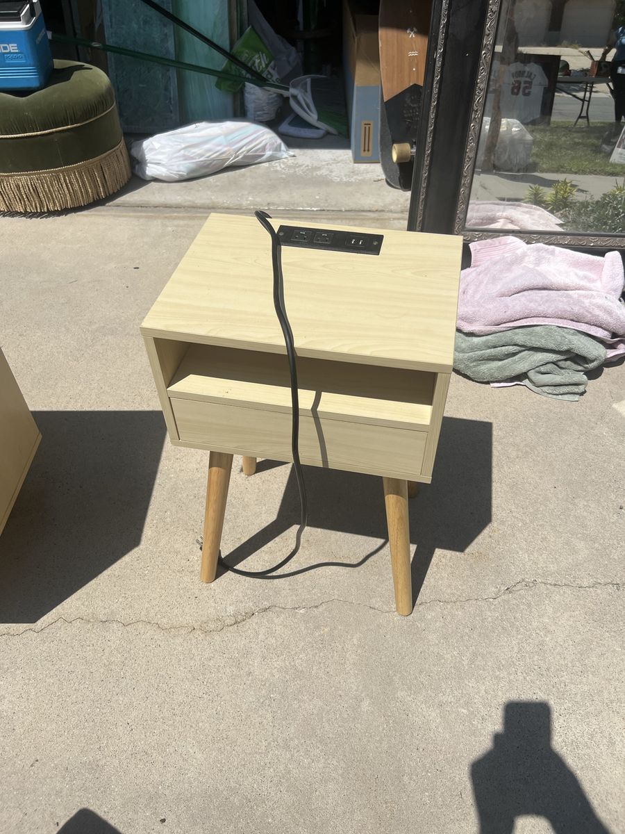 (2) Mid-Century Modern Light Wood Nightstand with Built-in Charging Station & Drawer