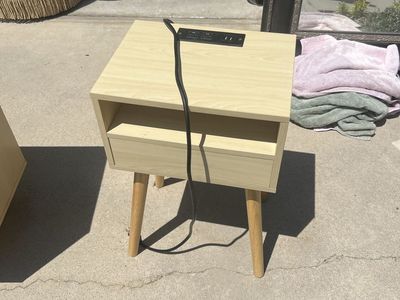 (2) Mid-Century Modern Light Wood Nightstand with Built-in Charging Station & Drawer