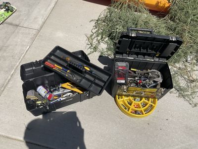 Stanley Mobile Work Center & Waterloo Toolbox with Various Hand Tools and Hardware