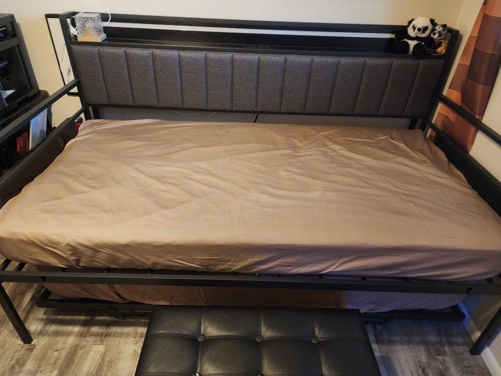 Jocoevol Twin Daybed with Pop-Up Trundle, Storage Headboard & LED Light - Black Metal