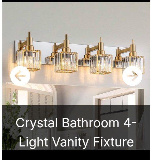Crystal Bathroom 4-Light Vanity Fixture - Gold/Clear, 27.5" Length, Square Crystal Shades (NEW)