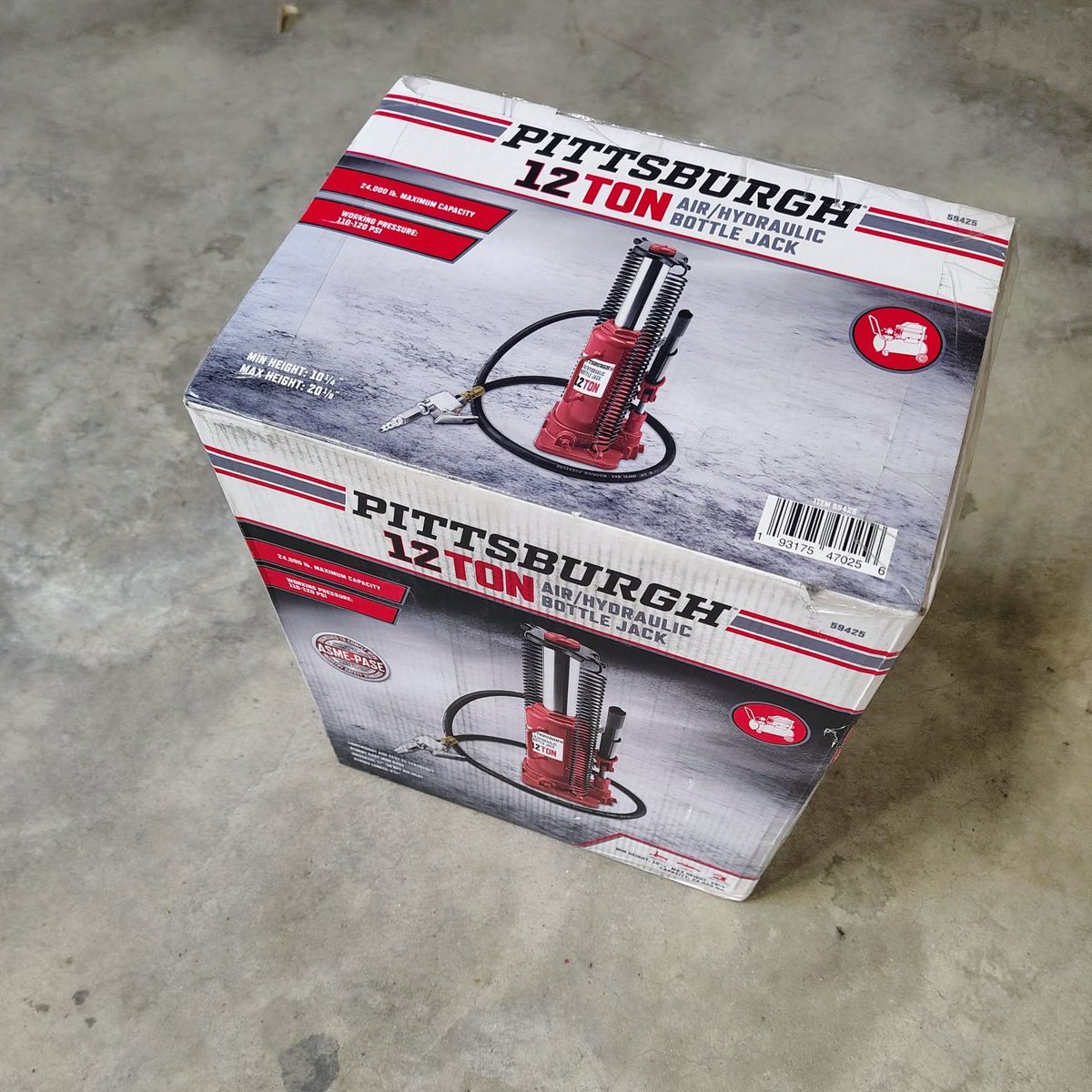 Pittsburgh 12 Ton Air/Hydraulic Bottle Jack - 24,000 lbs Capacity, 10-1/4"-20-1/2" Lift - $55