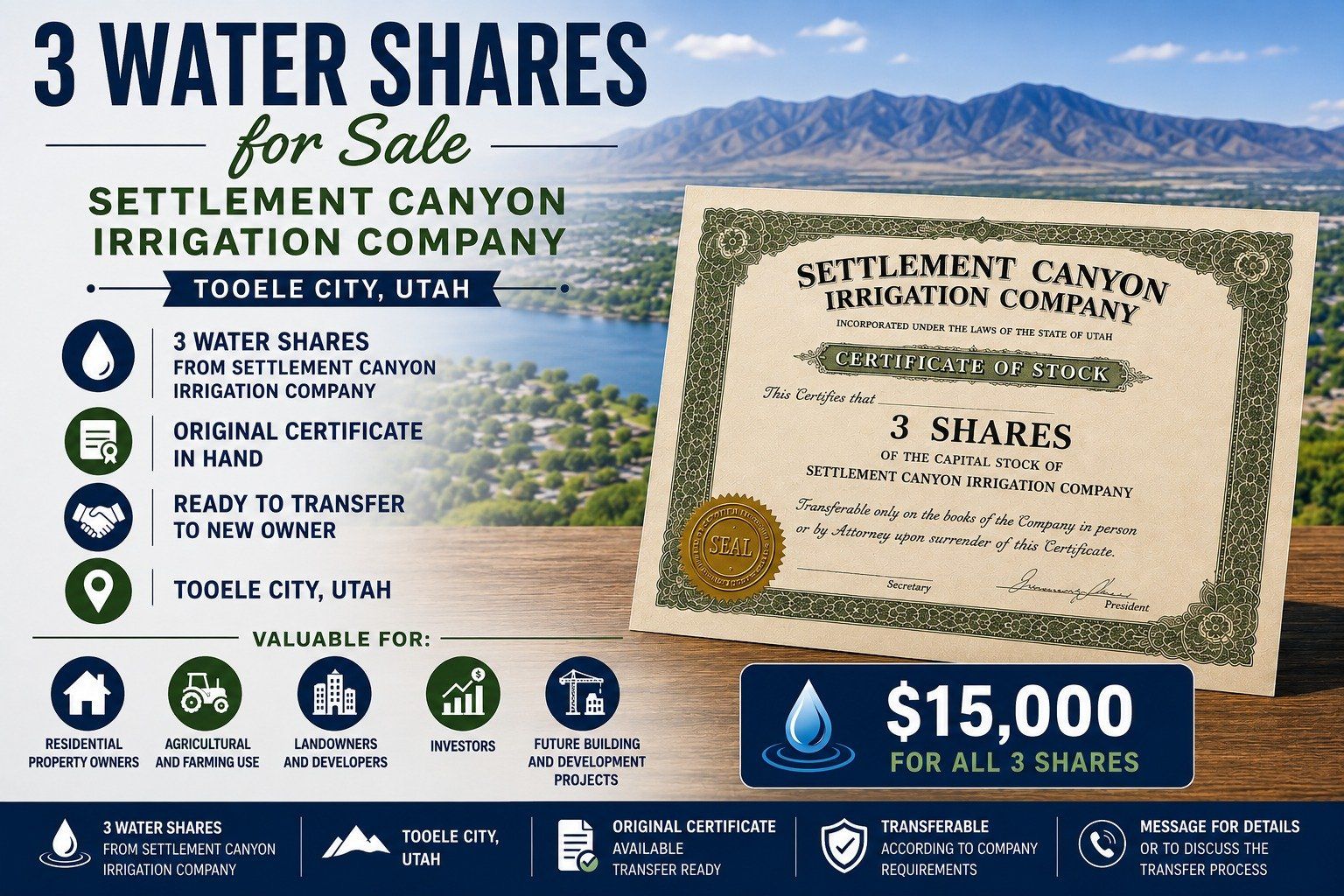 3 Water Shares for Sale – Settlement Canyon Irrigation Company – Tooele City, Utah