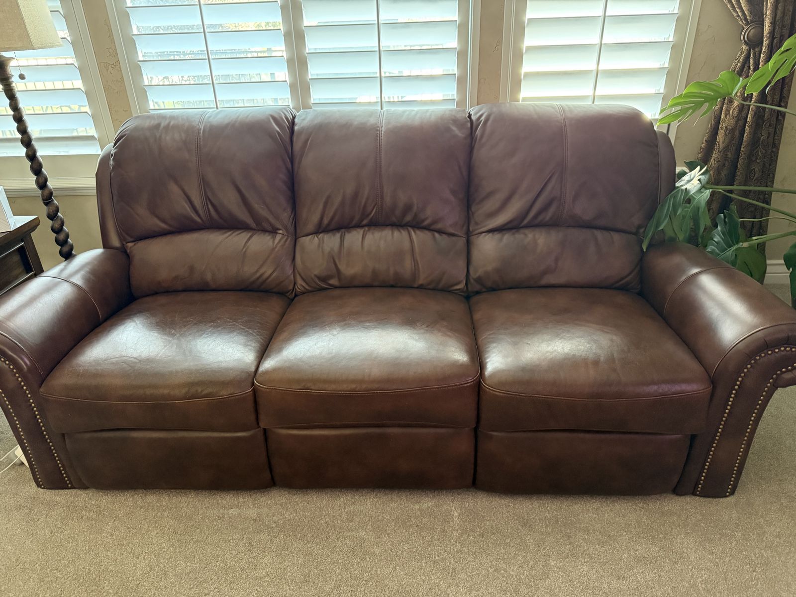 Brown Leather Reclining Sofa and Loveseat Set with Nailhead Trim