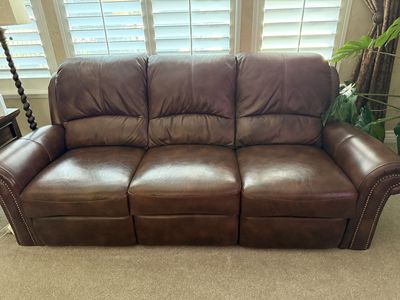 Brown Leather Reclining Sofa and Loveseat Set with Nailhead Trim