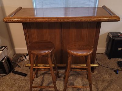 Vintage Solid Wood Home Bar with Foot Rail & Wine Rack - Includes Two Stools