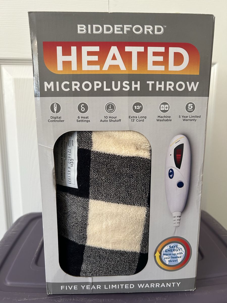 Biddeford Heated Microplush Throw - Black & White Plaid New In Box