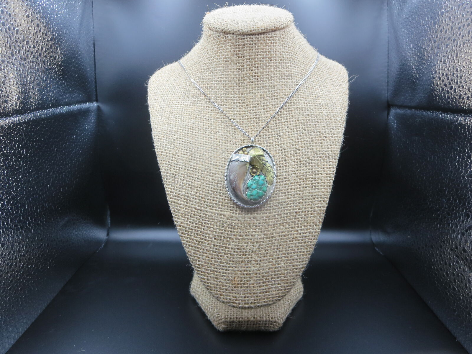 Vintage 925 native american turquoise feather blossom bear claw pendant stamp MB