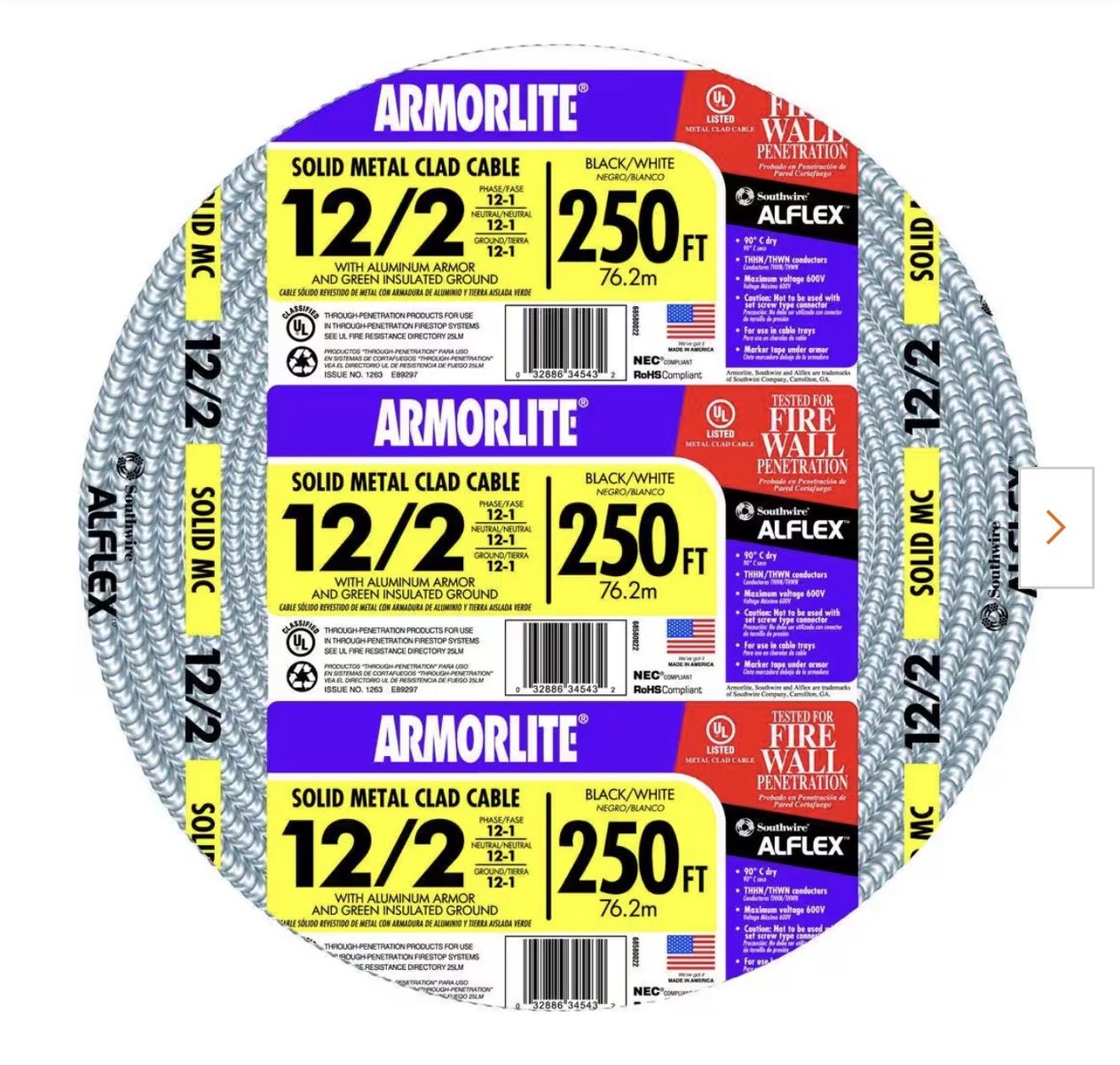 Southwire Armorlite 12/2 Solid Metal Clad MC Cable ~350 ft Total. NEW and half roll