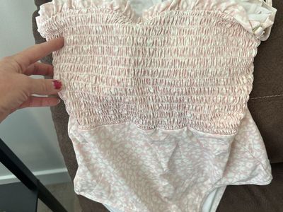 Pink & White Floral Strapless Shirred One-Piece Swimsuit