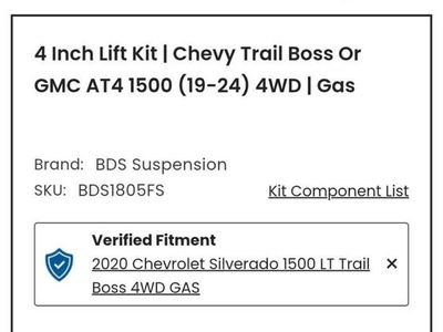 4 inch Lift Kit Chevy Trail Boss or GMC 19-24