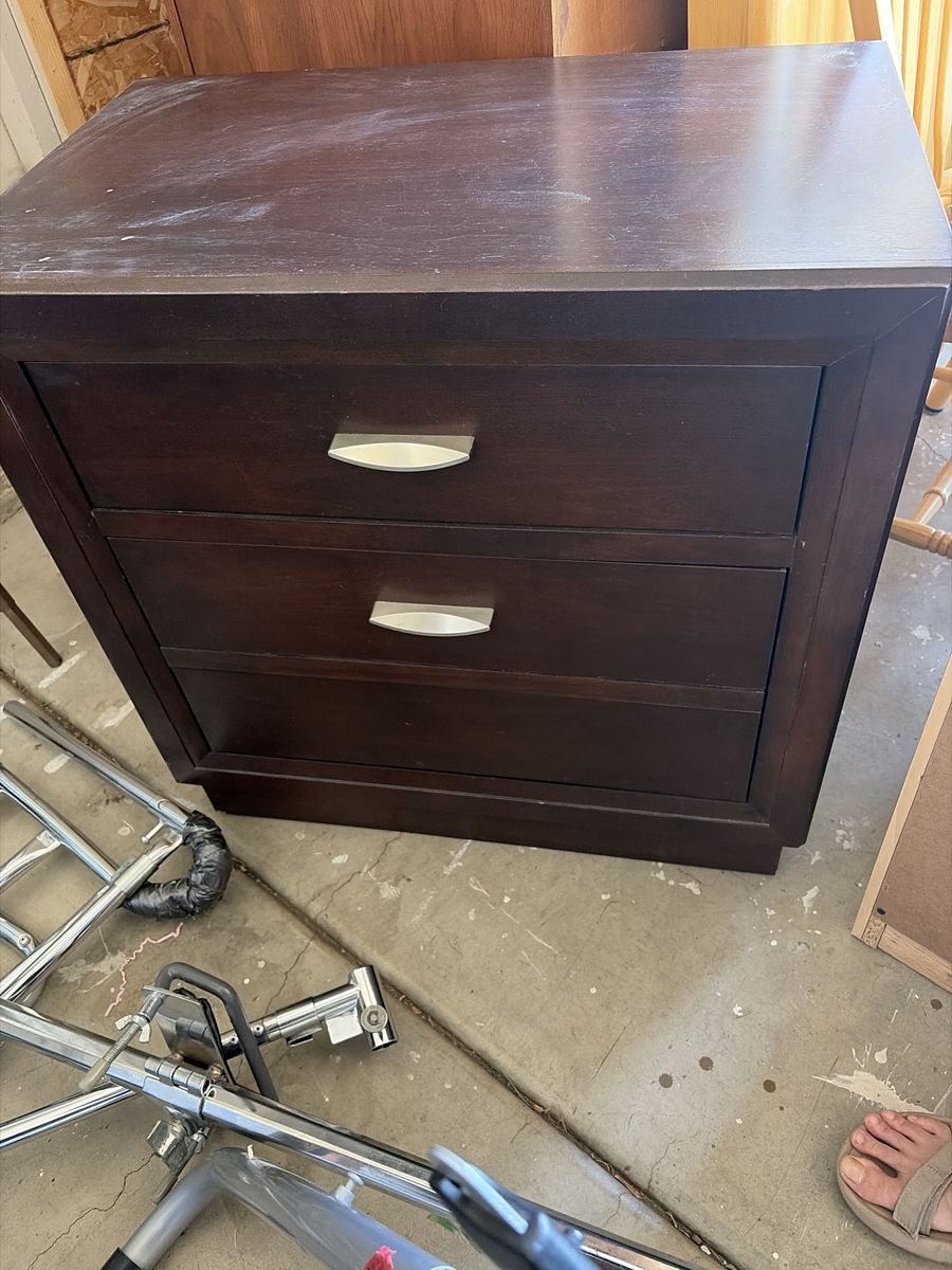 Dark Wood 2-Drawer Nightstand with Silver Handles