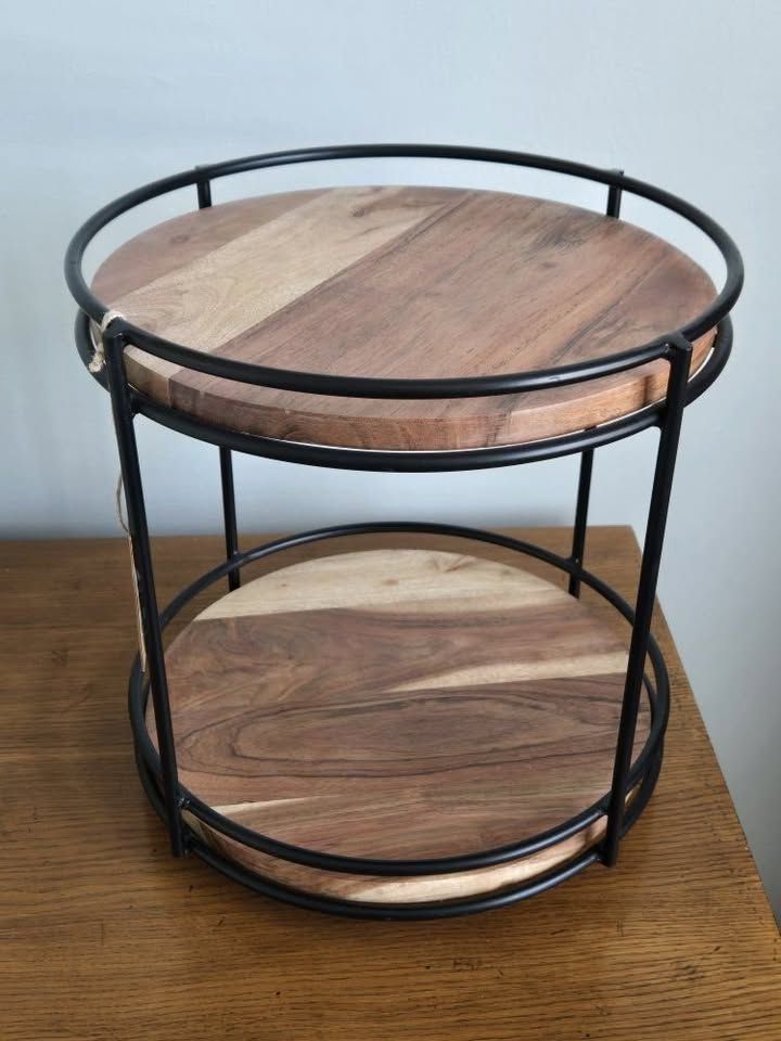 2-Tier Turntable Organizer - Black Metal & Acacia Wood