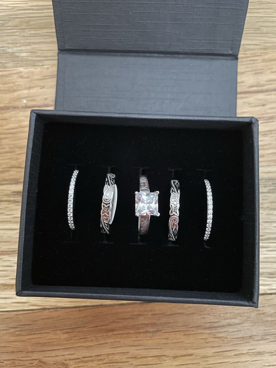 Rhine Falls Wedding Set, Size 7, Cubic Zirconia, Antler Engraved Band