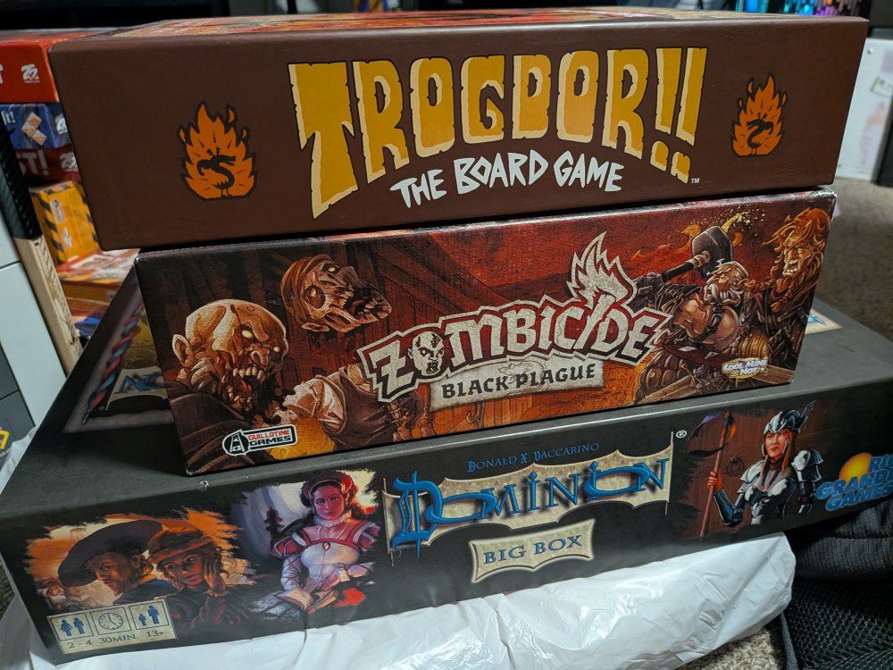 Board Game Lot: Trogdor!!, Zombicide Black Plague, Dominion Big Box 2nd Ed