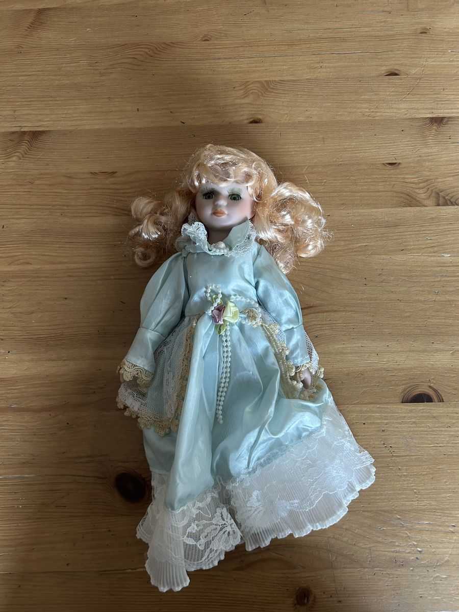 Vintage Porcelain Doll Blonde Hair Light Blue Satin Lace Dress Green Eyes