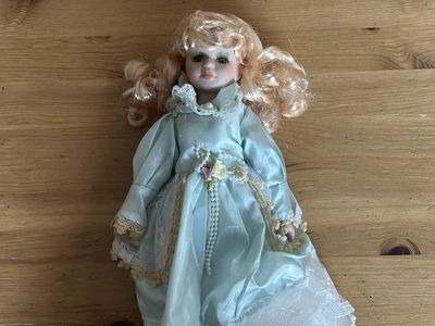 Vintage Porcelain Doll Blonde Hair Light Blue Satin Lace Dress Green Eyes