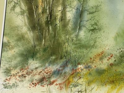 Beautiful original watercolor by Lynn Grayson Framed and matted fine art flowers and trees landscape