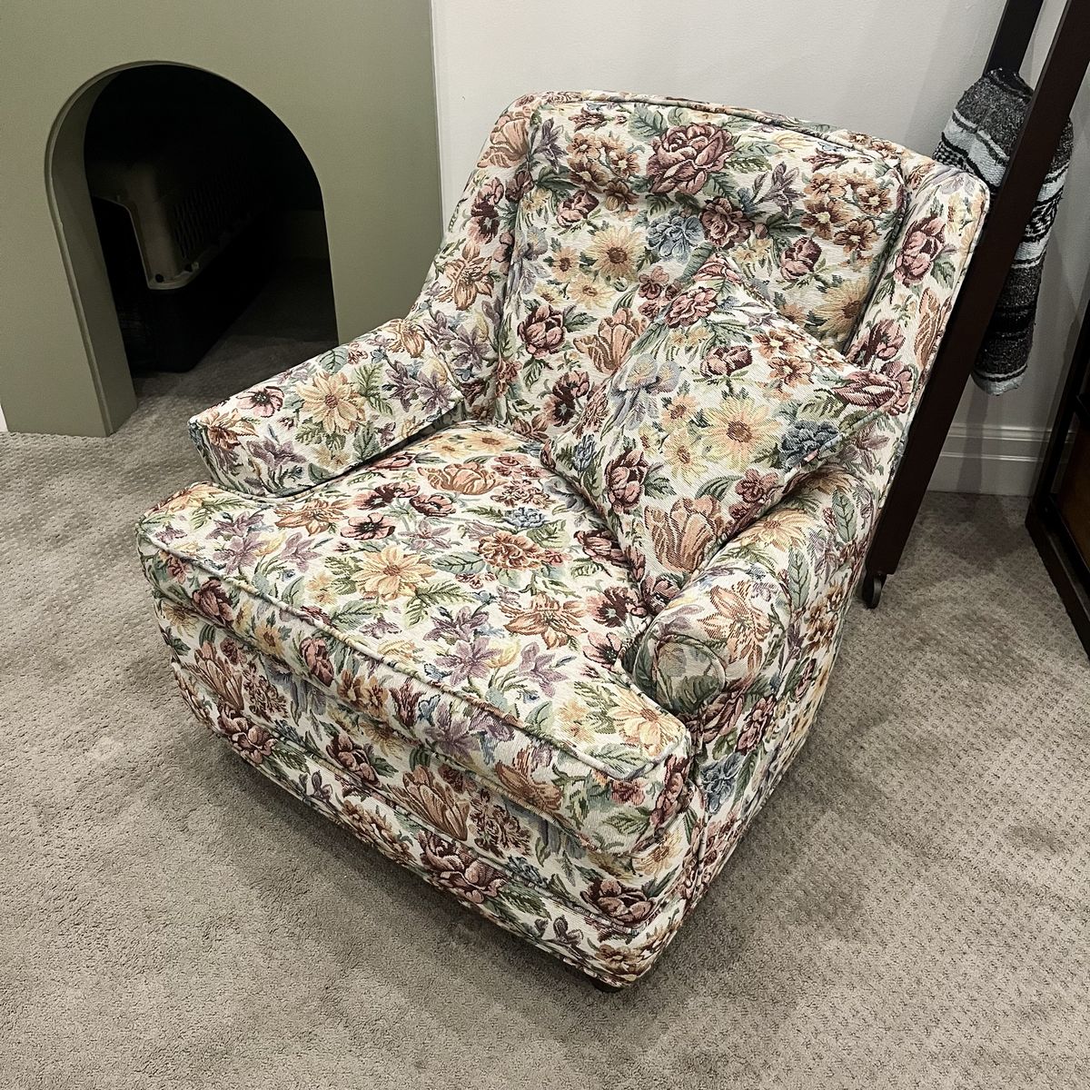 Vintage Floral Upholstered Armchair with Cushion & Arm Protectors - Excellent Condition
