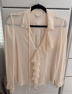 ed Baker Ruffle Blouse Tie Neck Top Women’s Size 2 (M) Cream Flowy Elegant Shirt