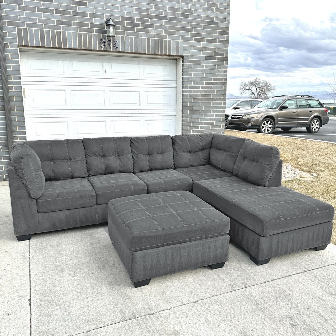 Delivery Available - Dark Gray Sectional Couch & Ottoman