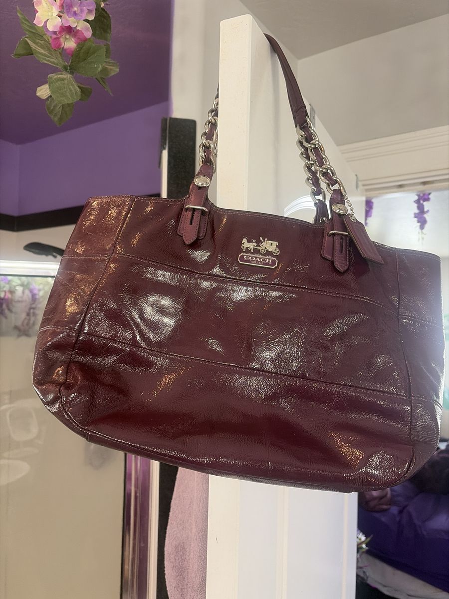 Coach Burgundy Patent Leather Chain Strap Tote Shoulder Bag