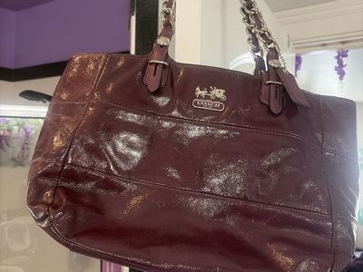 Coach Burgundy Patent Leather Chain Strap Tote Shoulder Bag