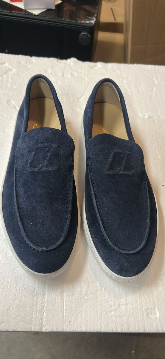 Christian Louboutin Men's Navy Suede Monogram Loafers Size 12