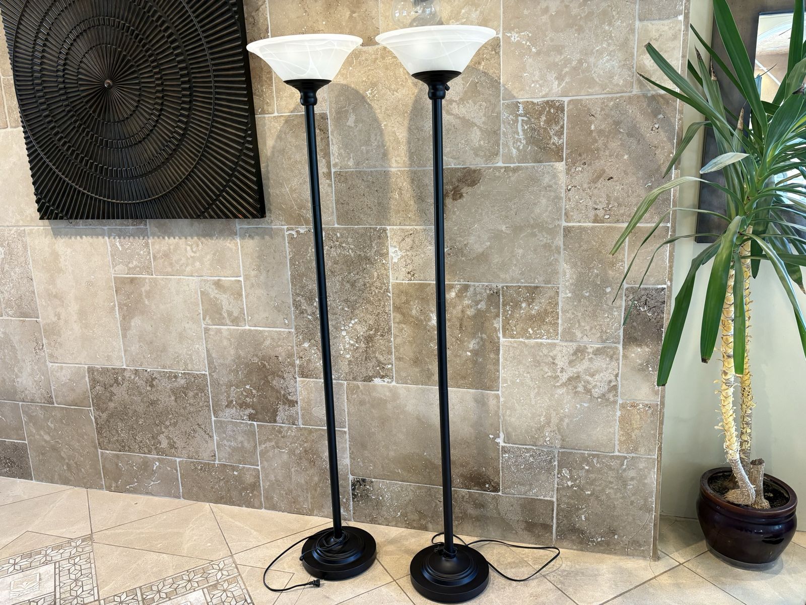 Pair of Tall Black Floor Lamps w/ Frosted Glass