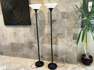Pair of Tall Black Floor Lamps w/ Frosted Glass