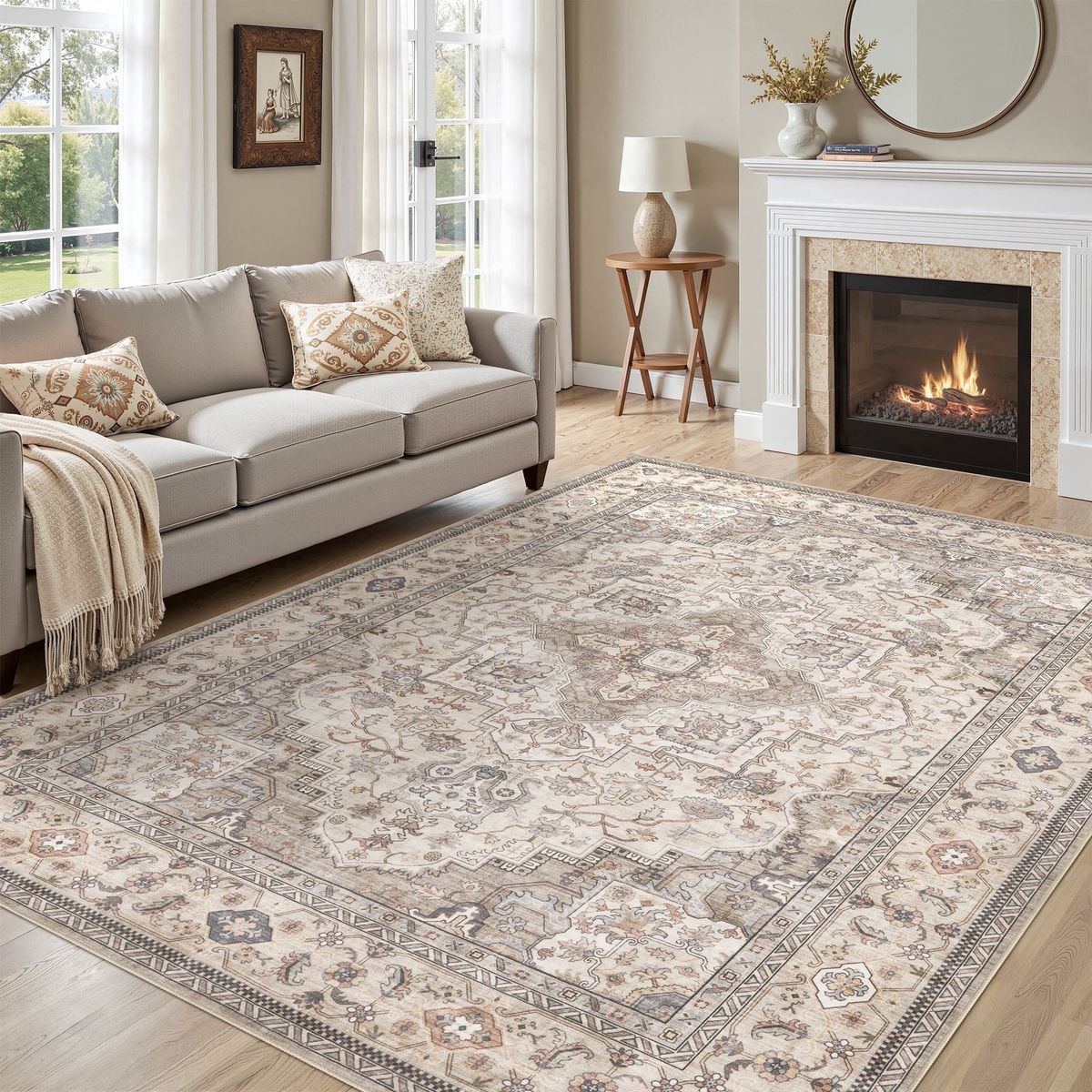 NEW 6'x9' Washable Area Rugs for Living Room, Vintage Floral Boho Printed Carpet, Beige Brown