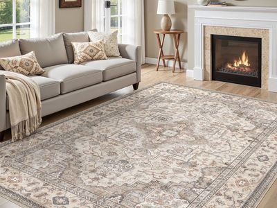NEW 6'x9' Washable Area Rugs for Living Room, Vintage Floral Boho Printed Carpet, Beige Brown