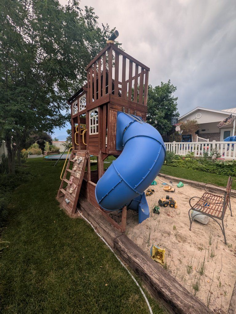 Kids Wooden Playset Playscape with Blue Tube Slide, Green Double Slide, Rock Climbing Wall & Swings