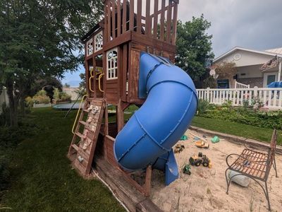 Kids Wooden Playset Playscape with Blue Tube Slide, Green Double Slide, Rock Climbing Wall & Swings