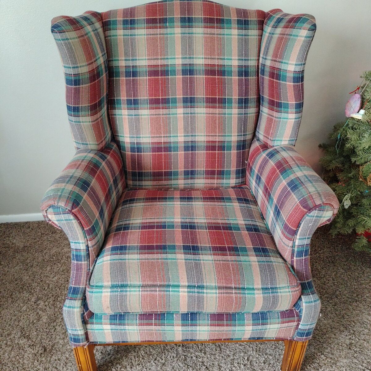Cozy Winged Back Plaid Chair