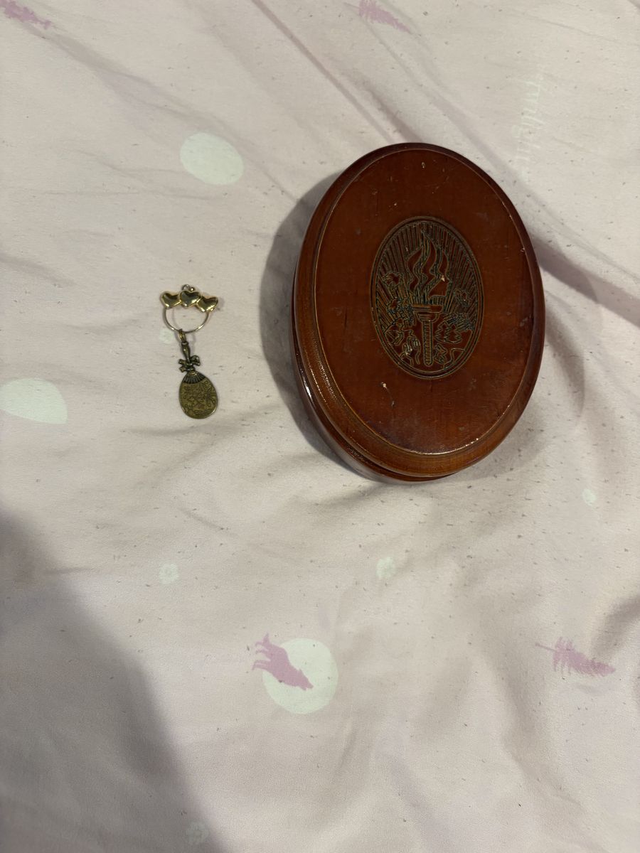 Vintage Wooden Box with Torch Carving and Heart Pendant Charm